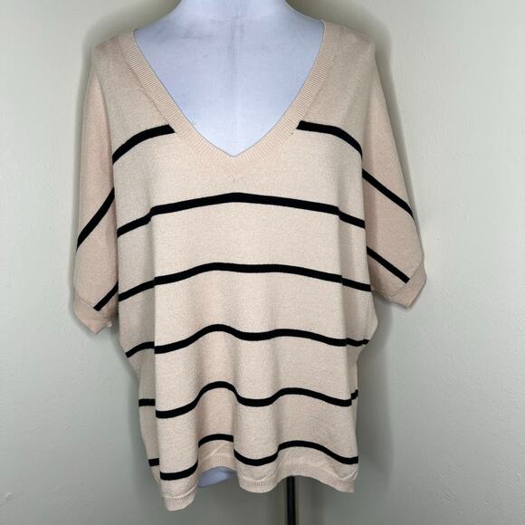 Common Threads Sweater M/L Petite Striped Oversized Dolman V-Neck Knit Beige New - Picture 4 of 9